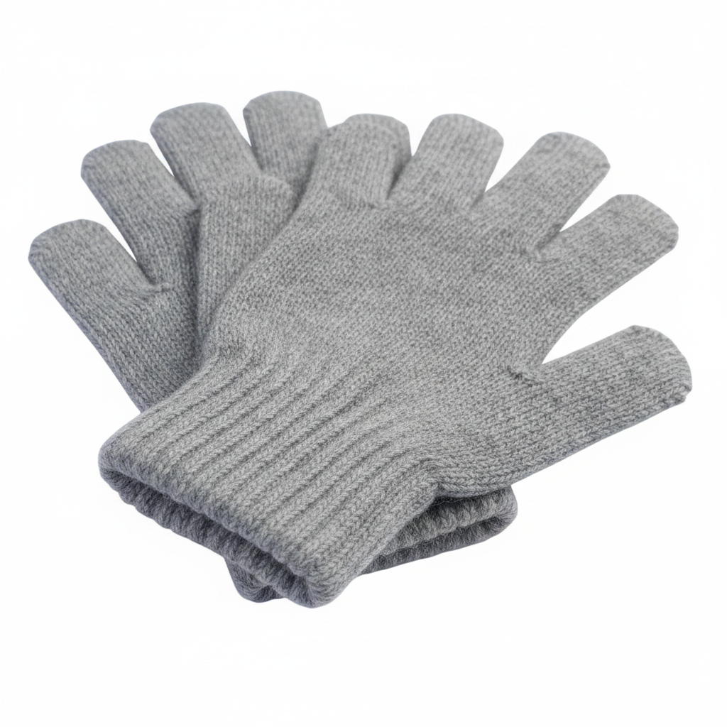 Une paire de gants en tricot gris clair à bords côtelés, présentés superposés sur un fond blanc uni.