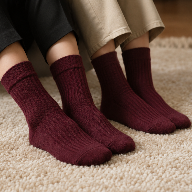 Two people sitting on a beige carpet, wearing ribbed crew socks in a deep burgundy color. One person is wearing black pants and the other is wearing beige pants.