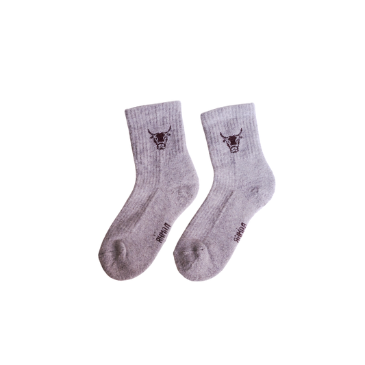 Pair of gray socks with a logo on a white background