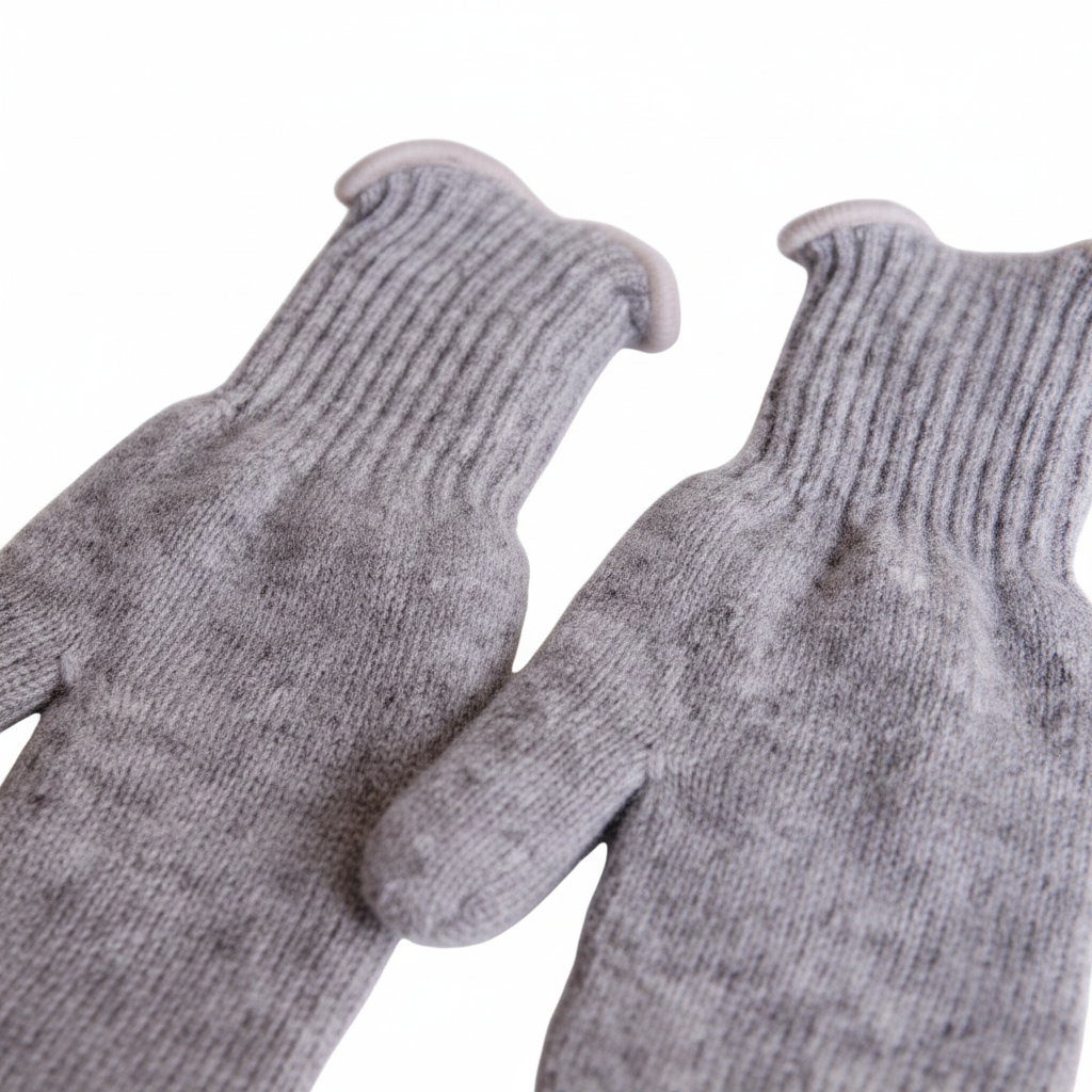 A pair of light gray knit fingerless gloves with ribbed cuffs, shown on a plain white background.