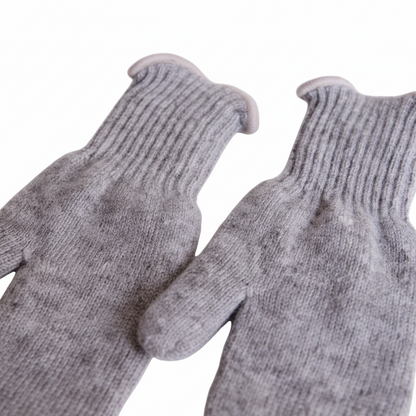 A pair of light gray knit fingerless gloves with ribbed cuffs, shown on a plain white background.