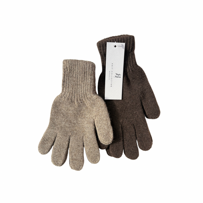 Pair of brown gloves with a visible brand tag on a white background
