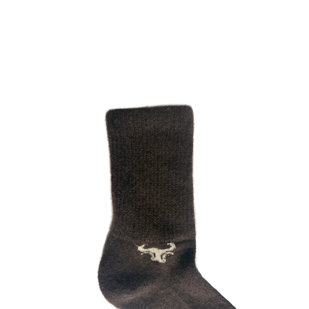 Dark gray Yak sock with a logo on a white background