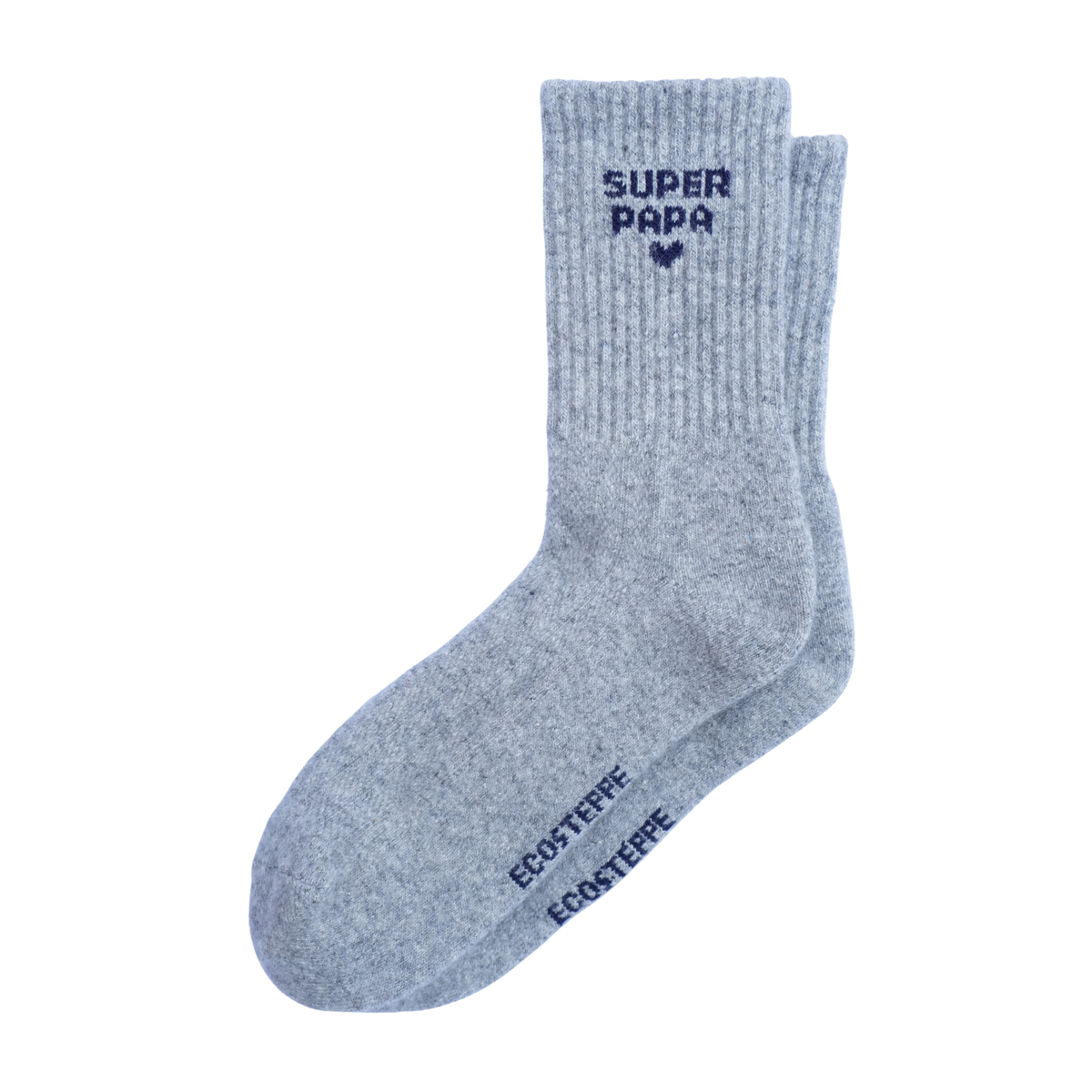 chaussette gris et écriture super papa en bleu marine sur fond blanc
