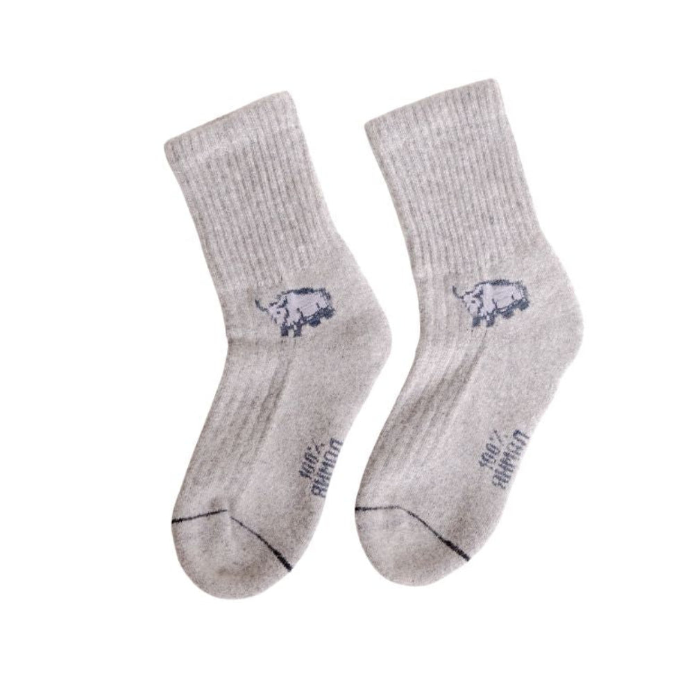 Pair of gray socks with a logo on a white background