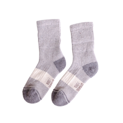 Pair of gray socks with white accents on a white background