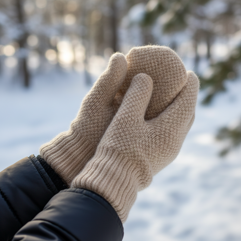 Mittens beige portées en extérieur